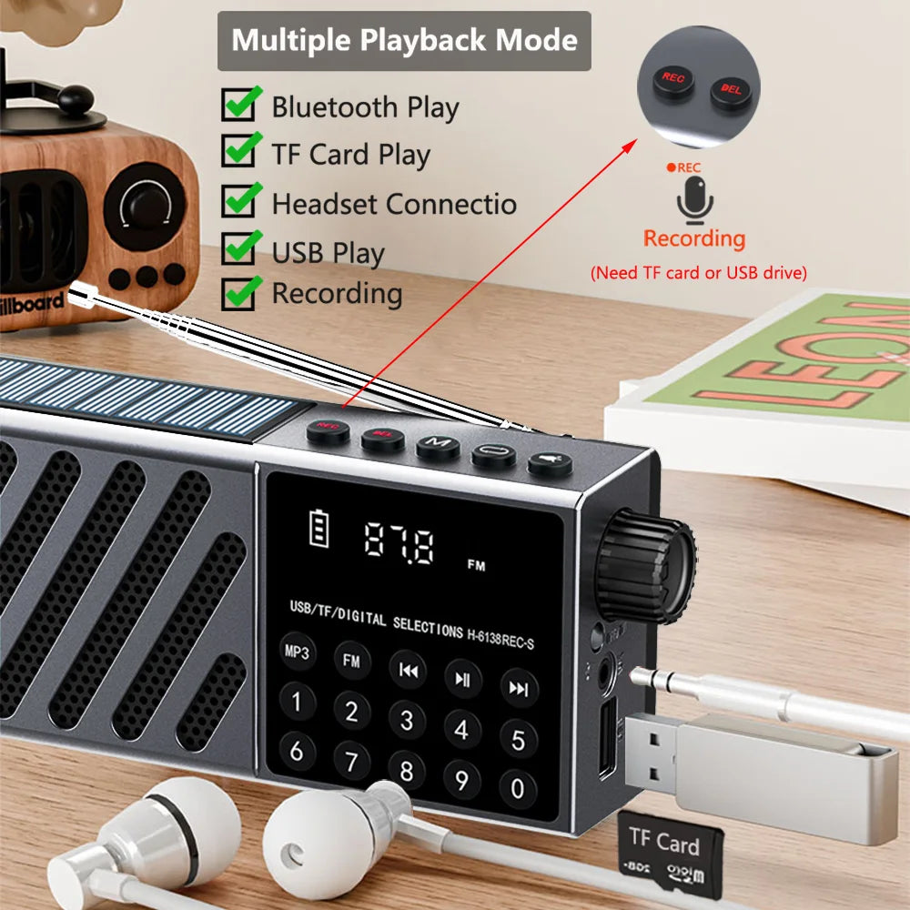 Rechargeable Bluetooth Speaker Portable Solar FM Radio USB Player Digital Music