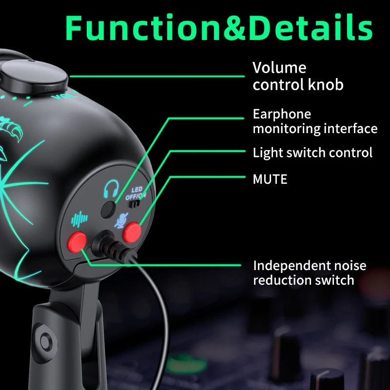 Gaming Microphone USB Podcast Condenser Mic for PC with Headphone Jack