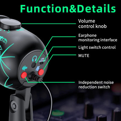 Gaming Microphone USB Podcast Condenser Mic for PC with Headphone Jack