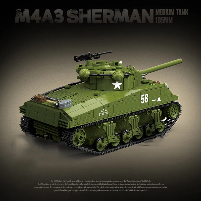 WW2 US M3A1 Stuart M4A3 Sherman Tank Building Blocks Military Brick Set