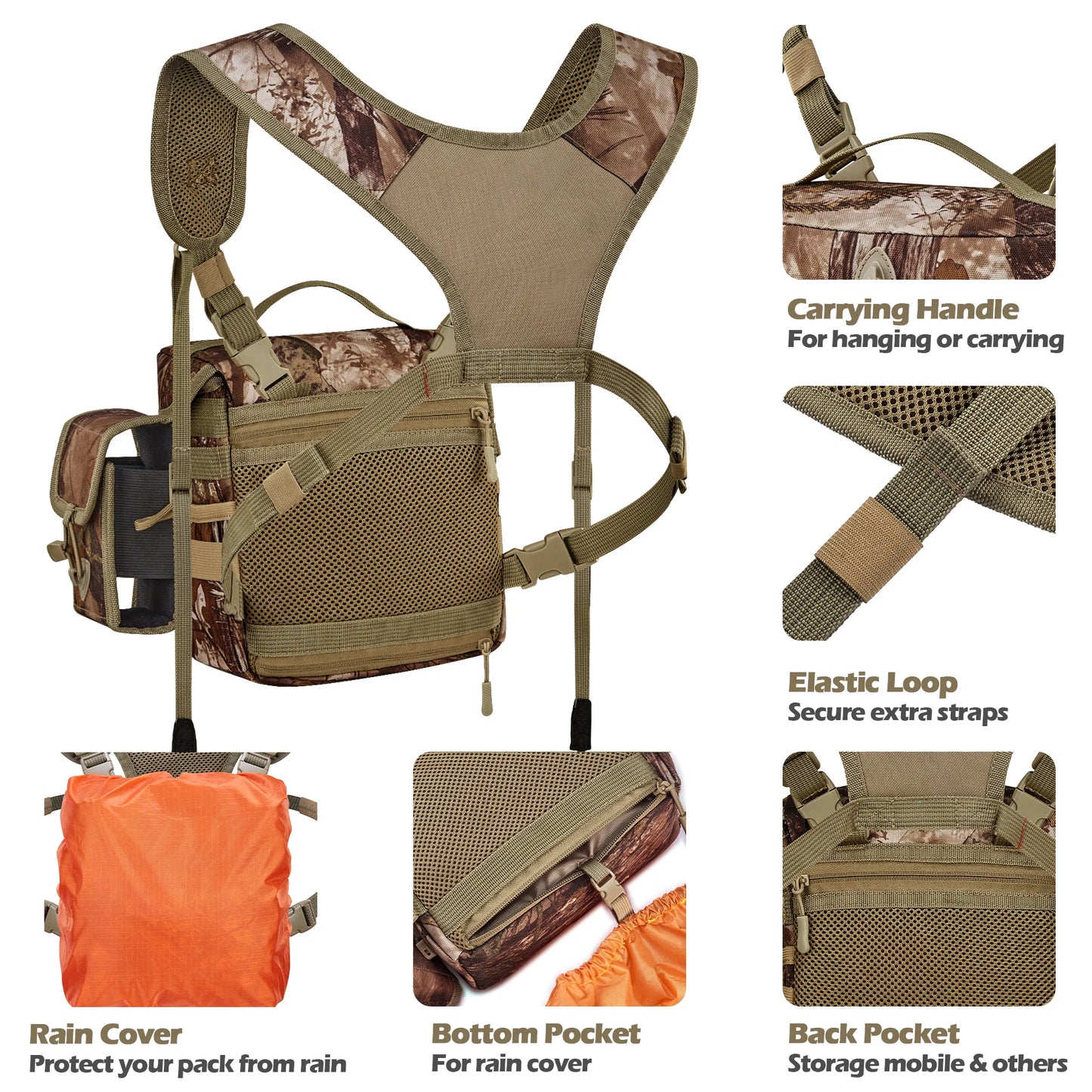 Pack Bino Straps Harness for Hunting Chest Pack with Detachable Pouch