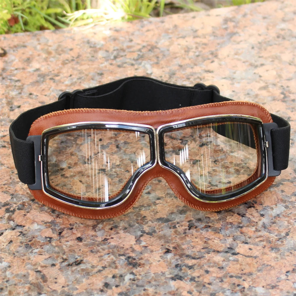 Vintage Motorcycle Leather Goggles Folding Cruiser Motocross Riding Safety Glasses