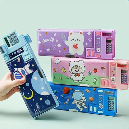 Double Layer Pencil Case with Calculator Sharpener Storage Box for School