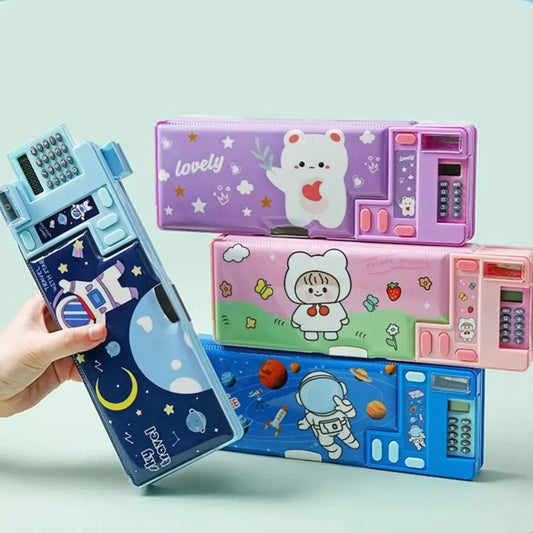 Double Layer Pencil Case with Calculator Sharpener Storage Box for School