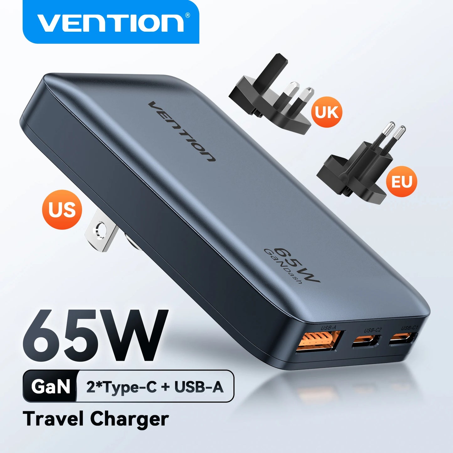 Vention 65W GaN Travel Charger QC4.0 PD3.0 Fast Charge EU UK US For iPhone Laptop