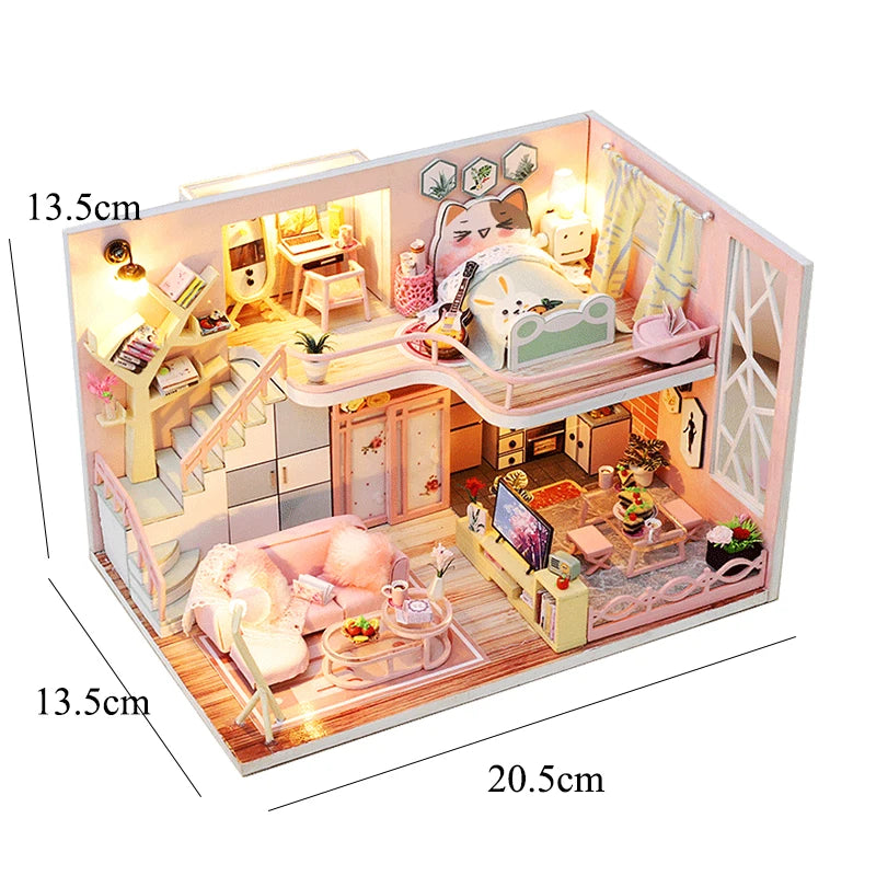 Wooden Miniature Duplex Dollhouse DIY 3D Puzzle Kit with Furniture LED Decoration Gift - EXPROTAS
