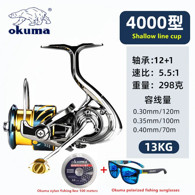 Okuma Fishing Reel 12+1BB Max Drag 15KG Spinning Reel 1000-5000 Size