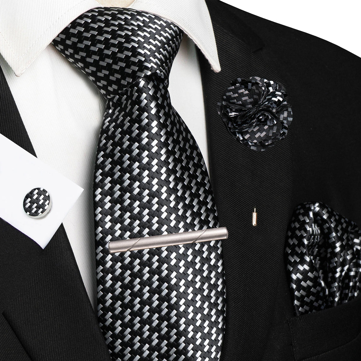 Men's Plaid Tie Clip Set with Pocket Square Cufflinks Wedding Accessories