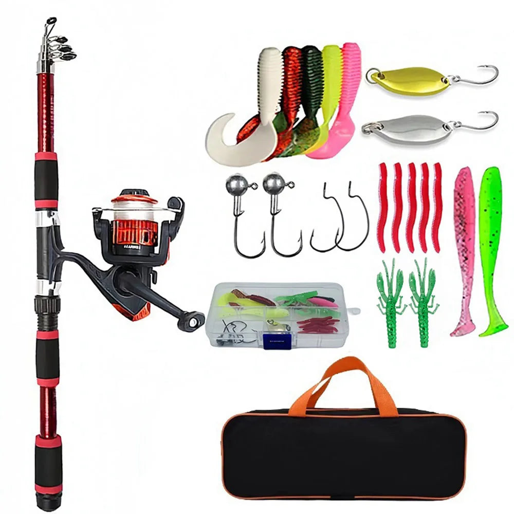 Spinning Reel Fishing Rod Telescopic Full Combo Set with Baits Hooks Travel