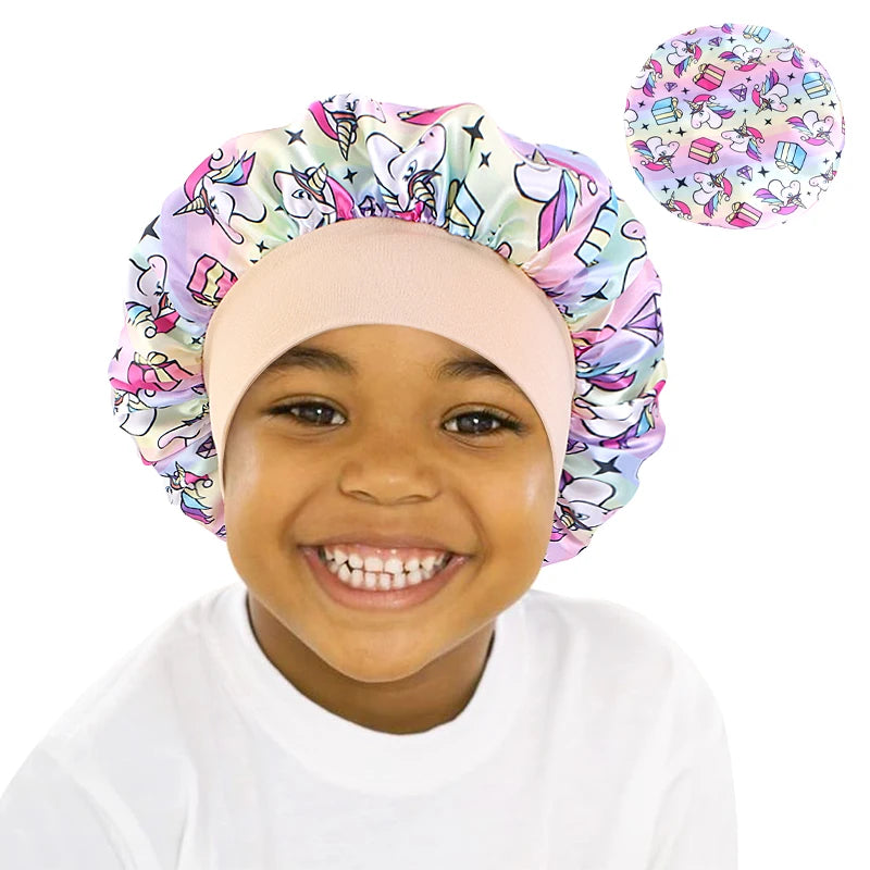 Curly Hair Adjustable Kids Satin Bonnet Sleep Cap Cartoon Hat for Baby
