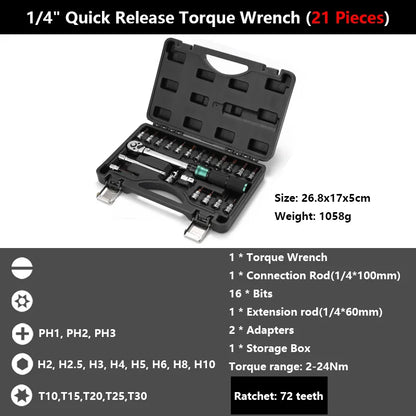 1/4'' Drive 2-24N.m Precise Double Scale Torque Wrench Set MTB Bike Socket Spanner Bicycle Motorcycle Ratchet Repair Toolbox Kit-EXPROTAS