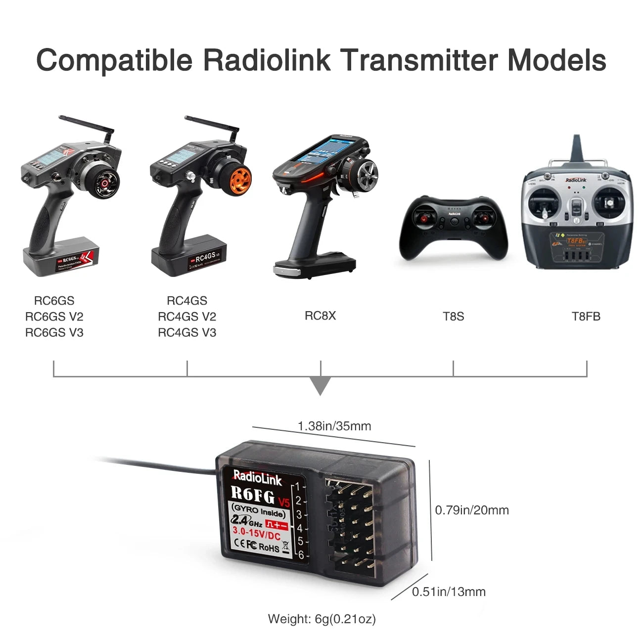Radiolink 2.4GH R8FG R4FGM R6FG R6F Receiver Gyro for RC Car Boat Work for Transmitter RC4GS RC6GS T8FB T8S RC8X-EXPROTAS