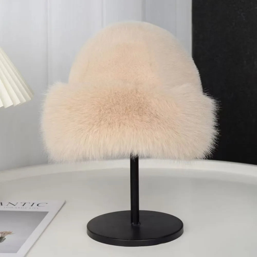 Fluffy Fur Bucket Hat Women Winter Warm Plush Fisherman Cap Thick