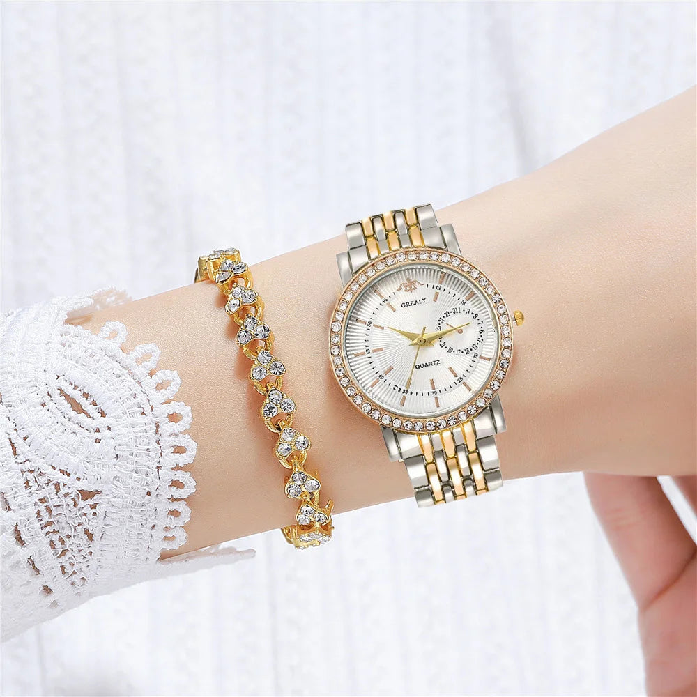 Two Tone Ladies Watch Elegant Gold Silver Band Quartz Wristwatch