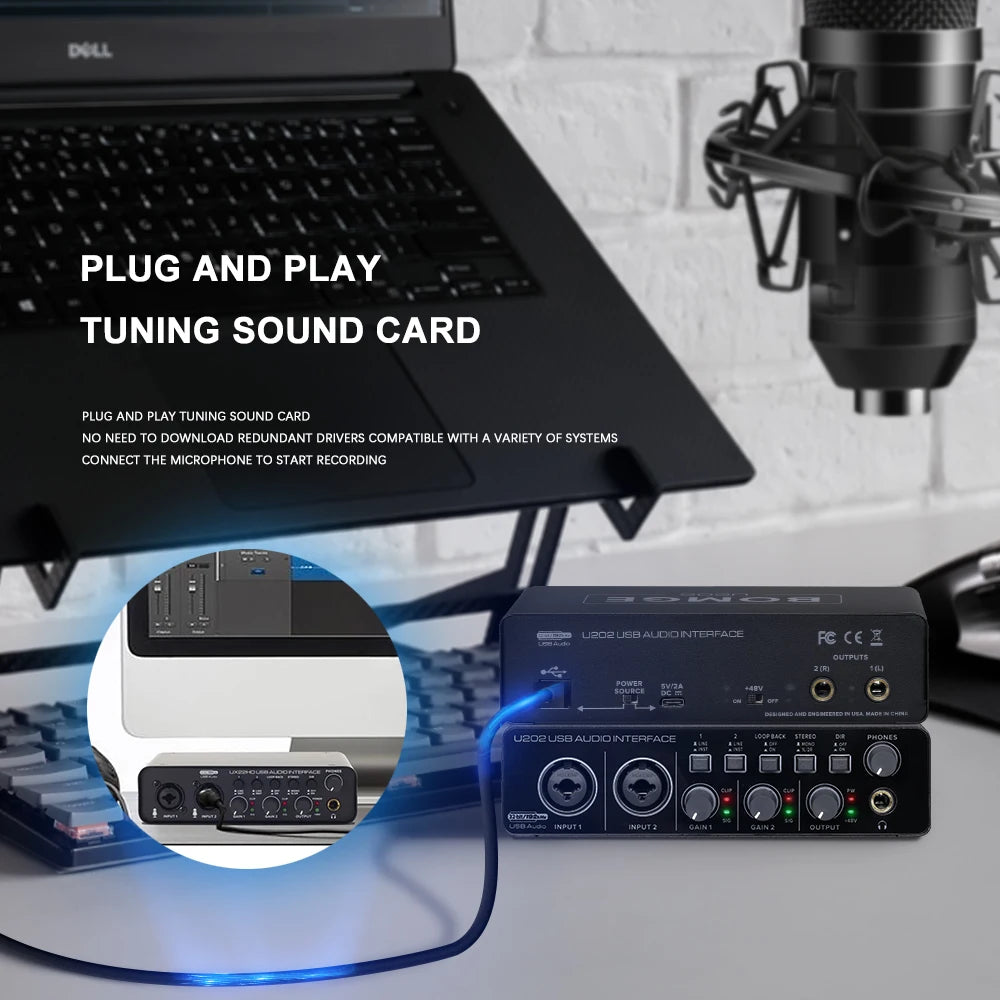 BOMGE U202 USB Audio Interface with Mic Preamplifier XLR/TSR/TS Ports 48V 32-Bit/192kHz Resolution for computer recording Stream-EXPROTAS