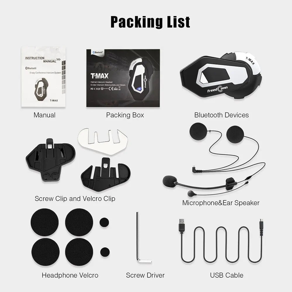 Freedconn T Max Motorcycle Helmet Bluetooth Intercom Headset 1000m 6 Riders