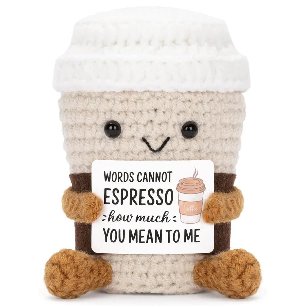 Funny Crochet Emotional Support Coffee Doll Handmade Desk Ornament Gift