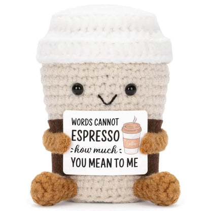 Funny Crochet Emotional Support Coffee Doll Handmade Desk Ornament Gift