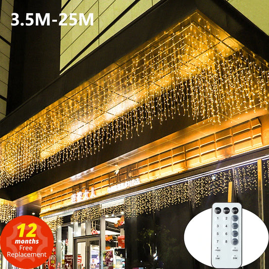 3.5-40M LED Icicle String Lights Christmas Curtain Fairy Lights Garland Remote Outdoor For New Year Wedding Street Holiday Decor-EXPROTAS
