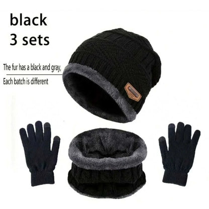 Men Women Beanie Winter Hat Scarf Gloves Thick Warm Knit Cap Set