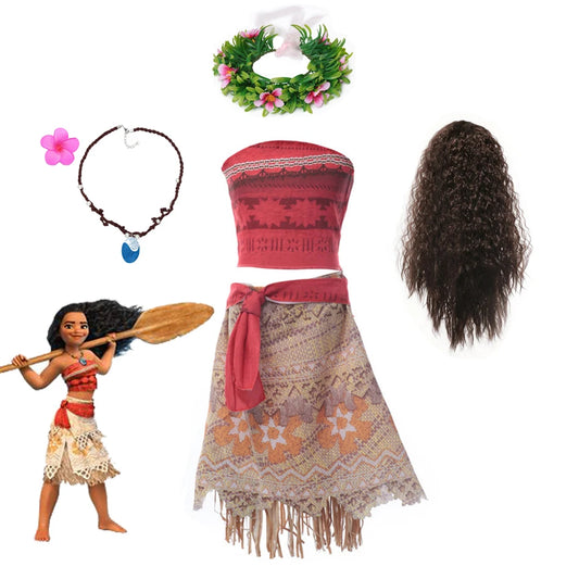 Moana Dresses Girls Kids Clothes Cosplay Vaiana Princess Dress Necklace Wig Children Carnival Party Summer Disney Costume Set-EXPROTAS