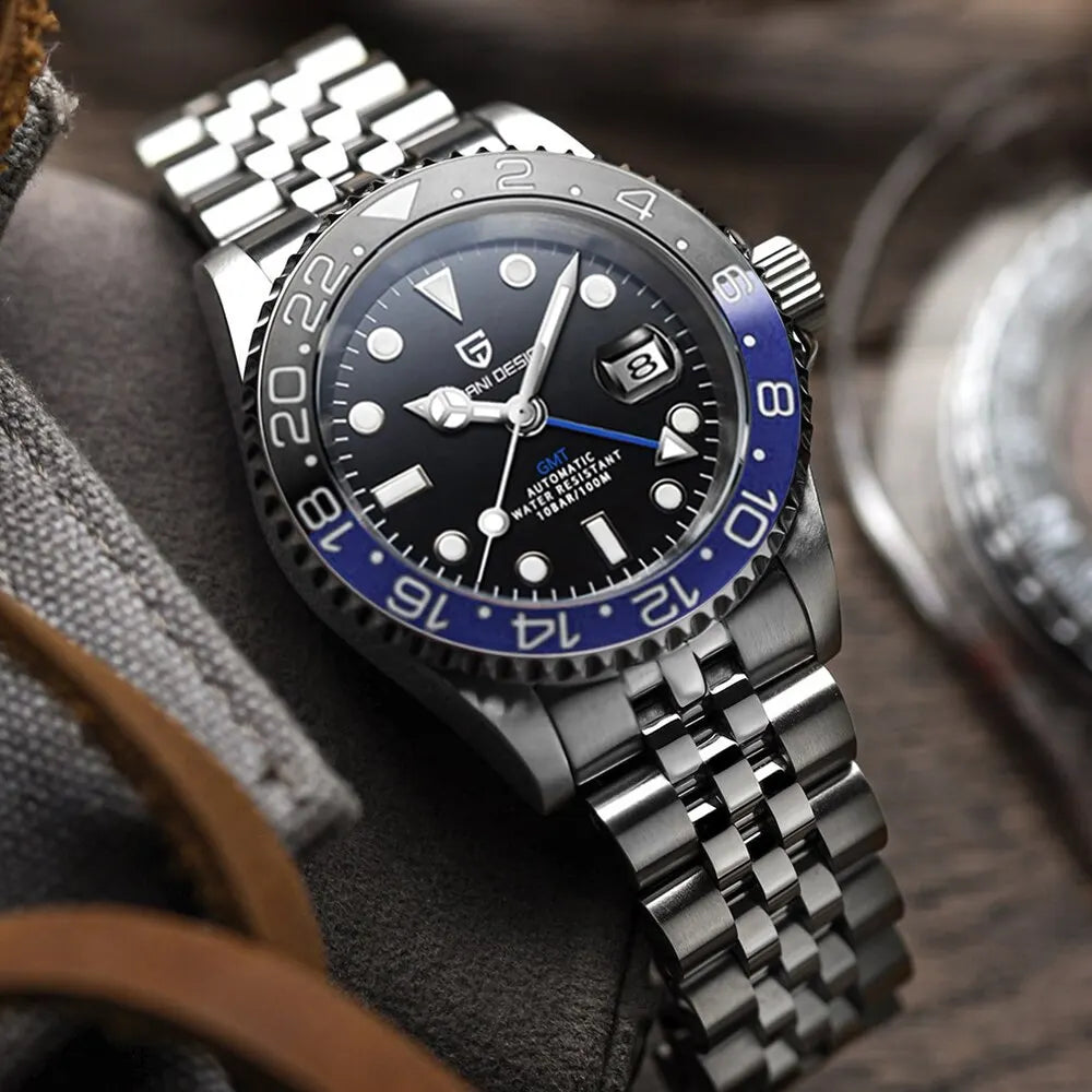 PAGAN DESIGN PD-1662 Luxury GMT Men Mechanical Wristwatch Sapphire Glass Stainless Steel 100M Waterproof Automatic Watches-EXPROTAS