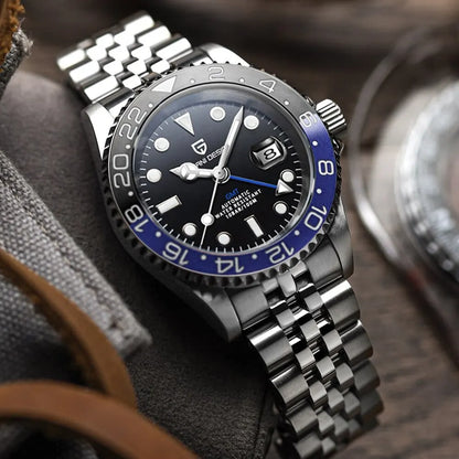 PAGAN DESIGN PD-1662 Luxury GMT Men Mechanical Wristwatch Sapphire Glass Stainless Steel 100M Waterproof Automatic Watches-EXPROTAS