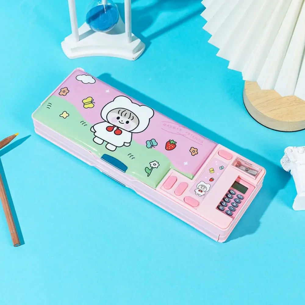 Double Layer Pencil Case with Calculator Sharpener Storage Box for School