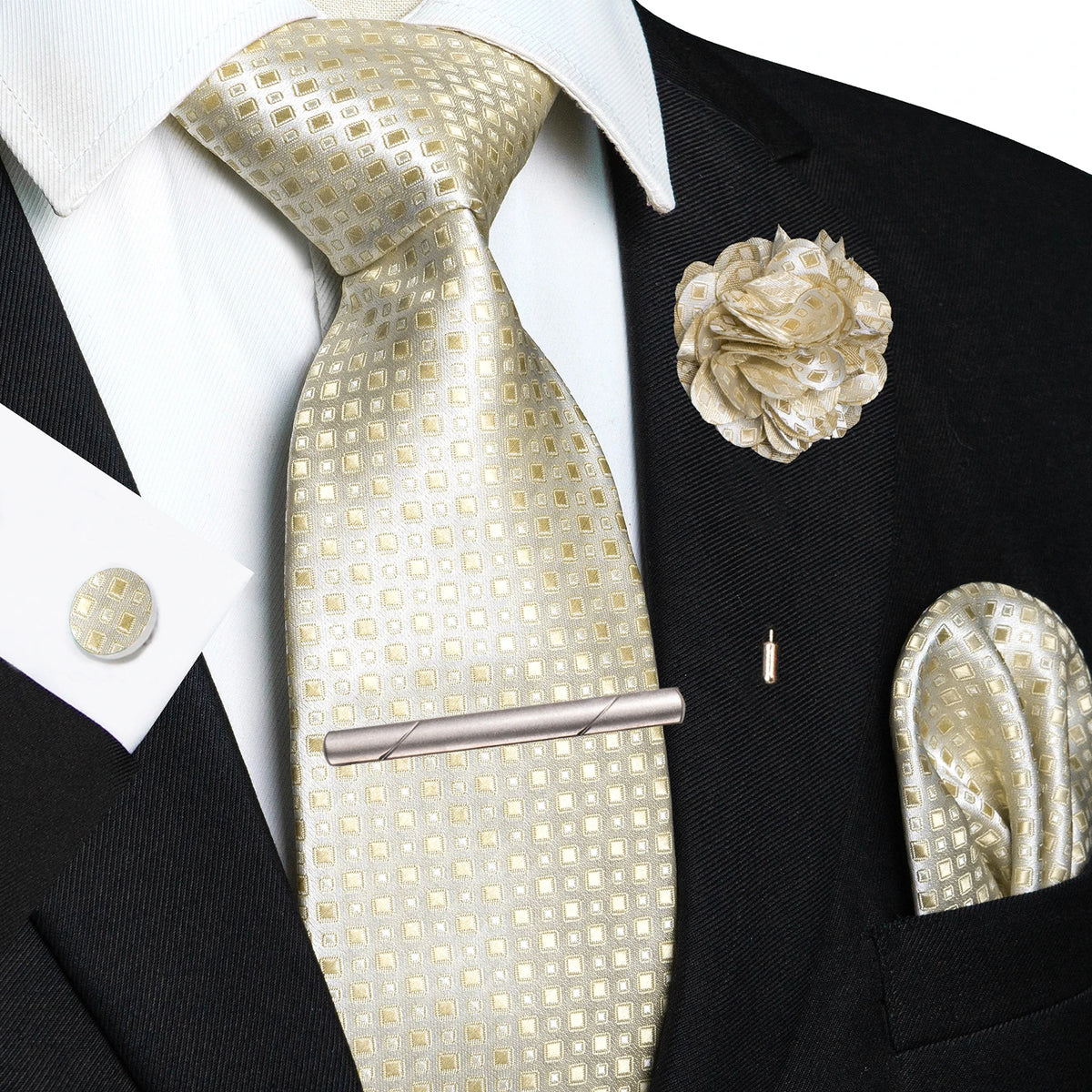 Men's Plaid Tie Clip Set with Pocket Square Cufflinks Wedding Accessories