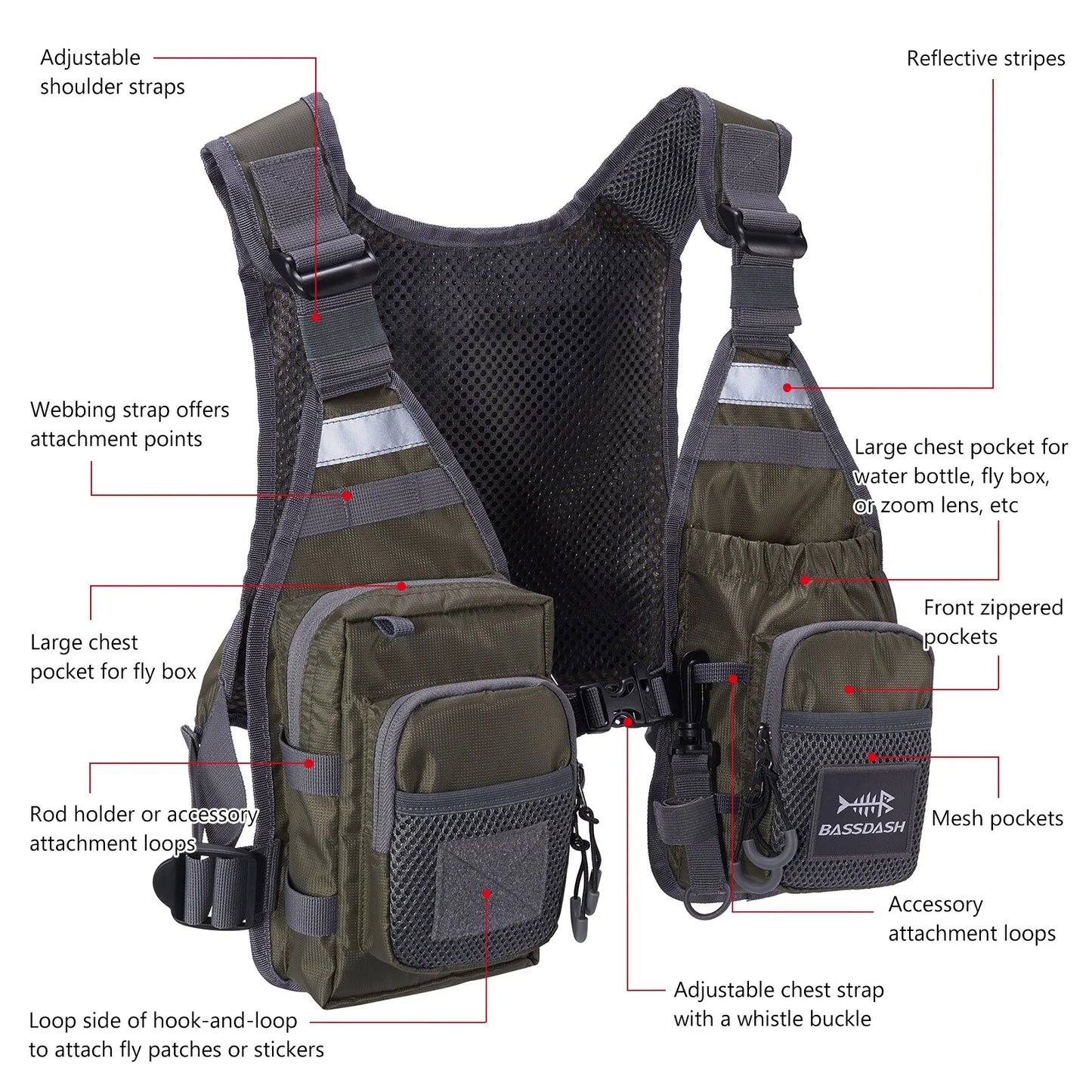 Fly Fishing Vest Bassdash FV08 Lightweight Chest Pack One Size Men Women