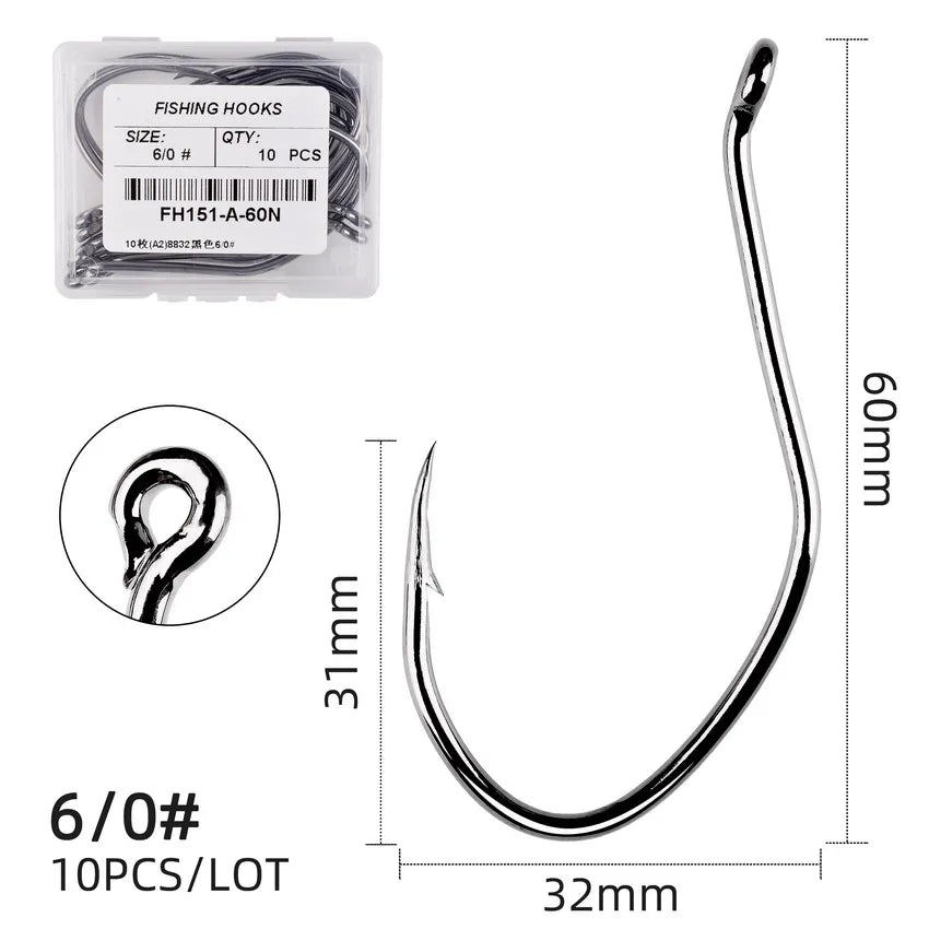 10Pcs Fishing Hooks Barbed Carbon Steel Circle Hook 6/0-10 Catfish Tackle