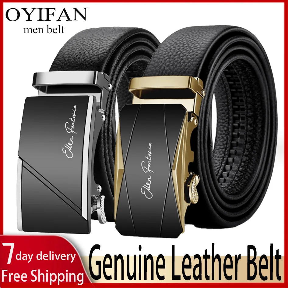 OYIFAN Leather Belt Men Automatic Buckle Ratchet Sliding Dress Black Belts