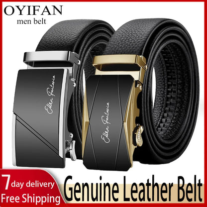 OYIFAN Leather Belt Men Automatic Buckle Ratchet Sliding Dress Black Belts