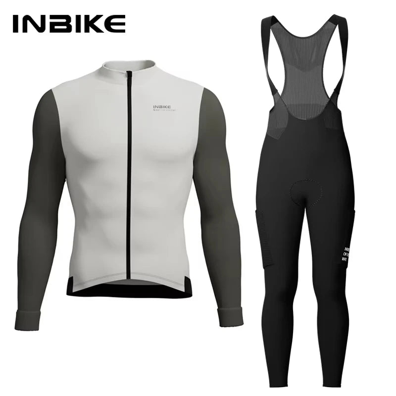 INBIKE Mens Winter Cycling Jersey Bib Tights Set Fleece Road Bike Pockets