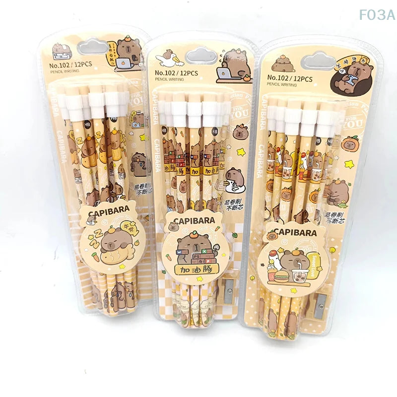 12Pcs Capybara Pencils Cute HB with Sharpener for School Stationery