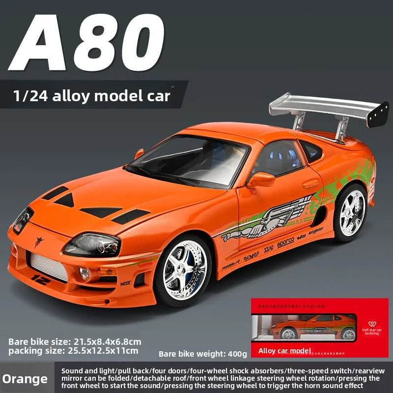 1:24 Fast & Furious Supra Alloy Diecast Sports Car Model, Pull Back Toy with Light & Sound Collectible Gift for Car Fans