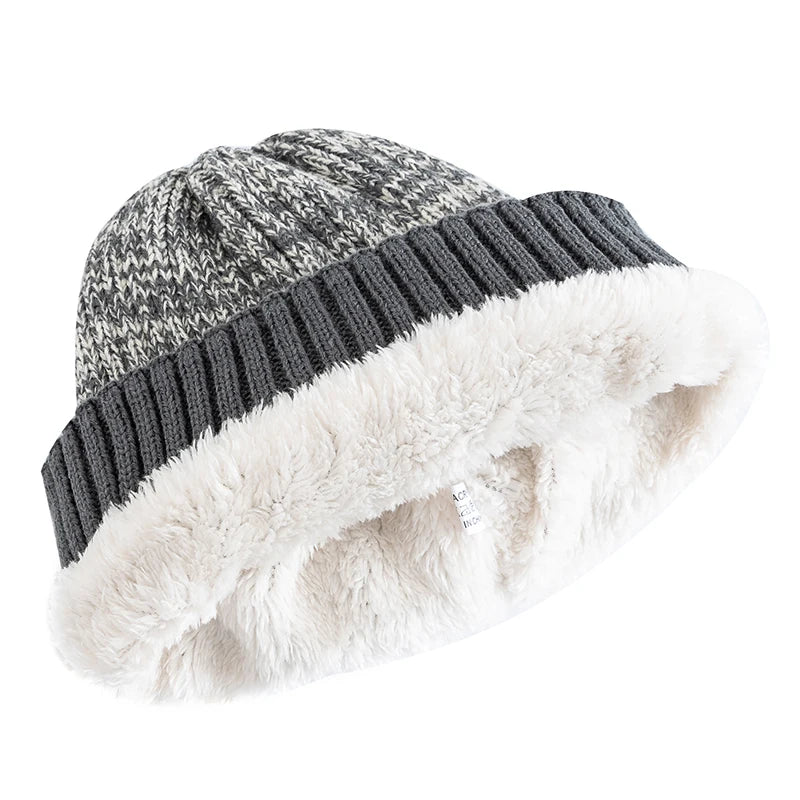 Unisex Two-tone Winter Hats Fur Lined Warm Beanie Cap for Men Women