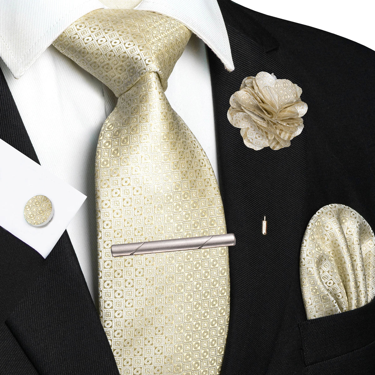 Men's Plaid Tie Clip Set with Pocket Square Cufflinks Wedding Accessories