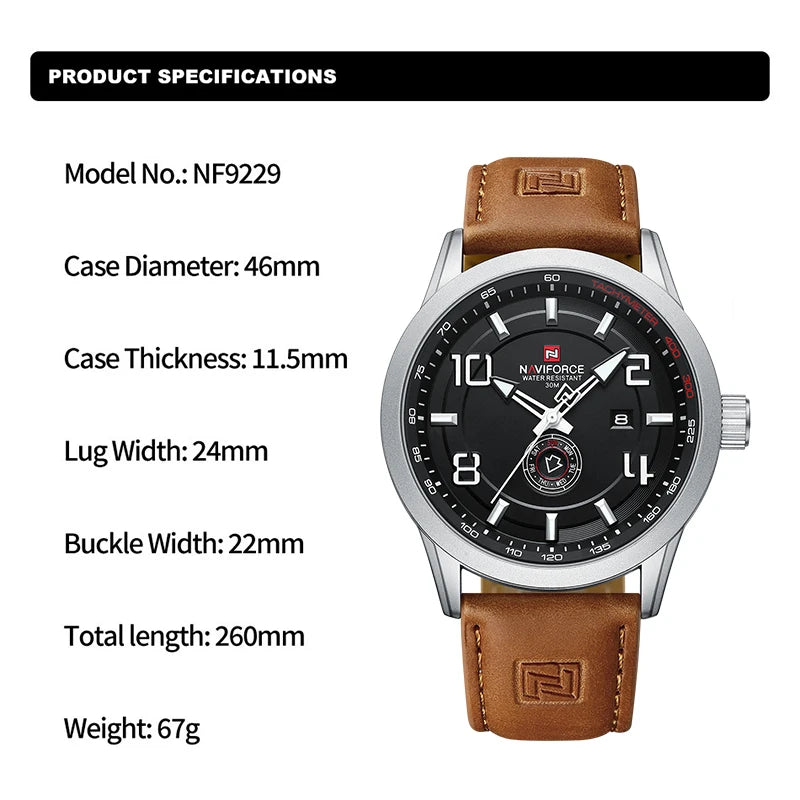 NAVIFORCE Trend Casual Wristwatch for Man Military Sports Water Resistant Leather Strap Men's Clock Quartz Calendar Male Watches-EXPROTAS