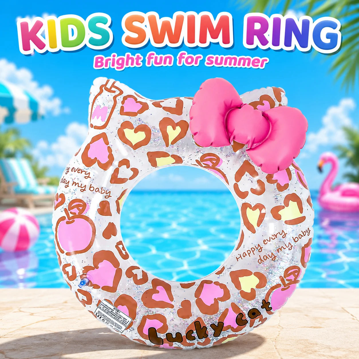1PC Cute Cat Inflatable Swim Ring with Bowknot, Pool Floats Tube, Summer Water Toy Beach Swimming Circle for Family Pool Use
