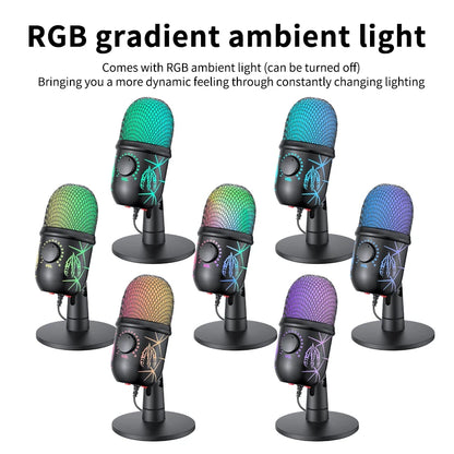 Gaming Microphone USB Podcast Condenser Mic for PC with Headphone Jack