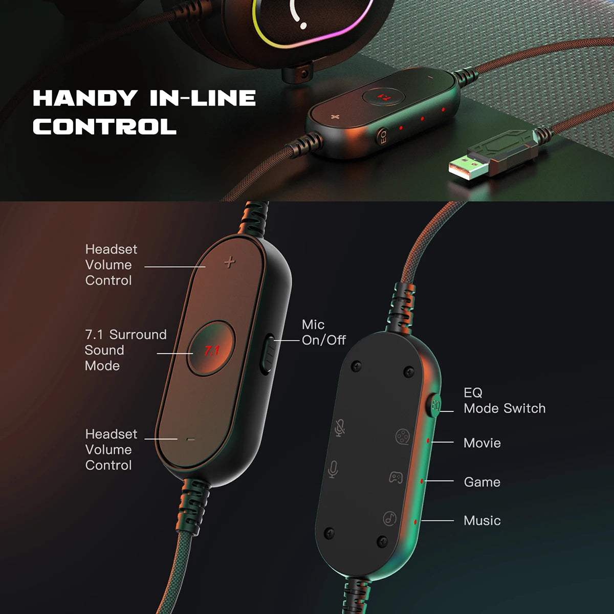 FIFINE RGB Gaming Headset with Mic Over-Ear 7.1 Surround 3-EQ for PC PS4 PS5
