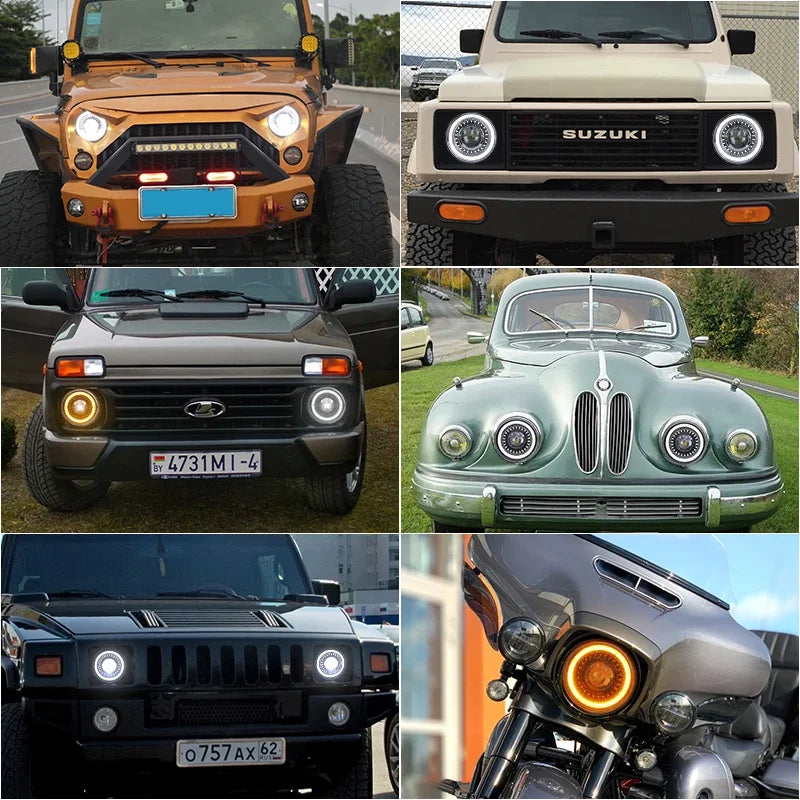 7" LED Headlight w/ DRL Angel Eyes for Harley Honda Yamaha Jeep H4