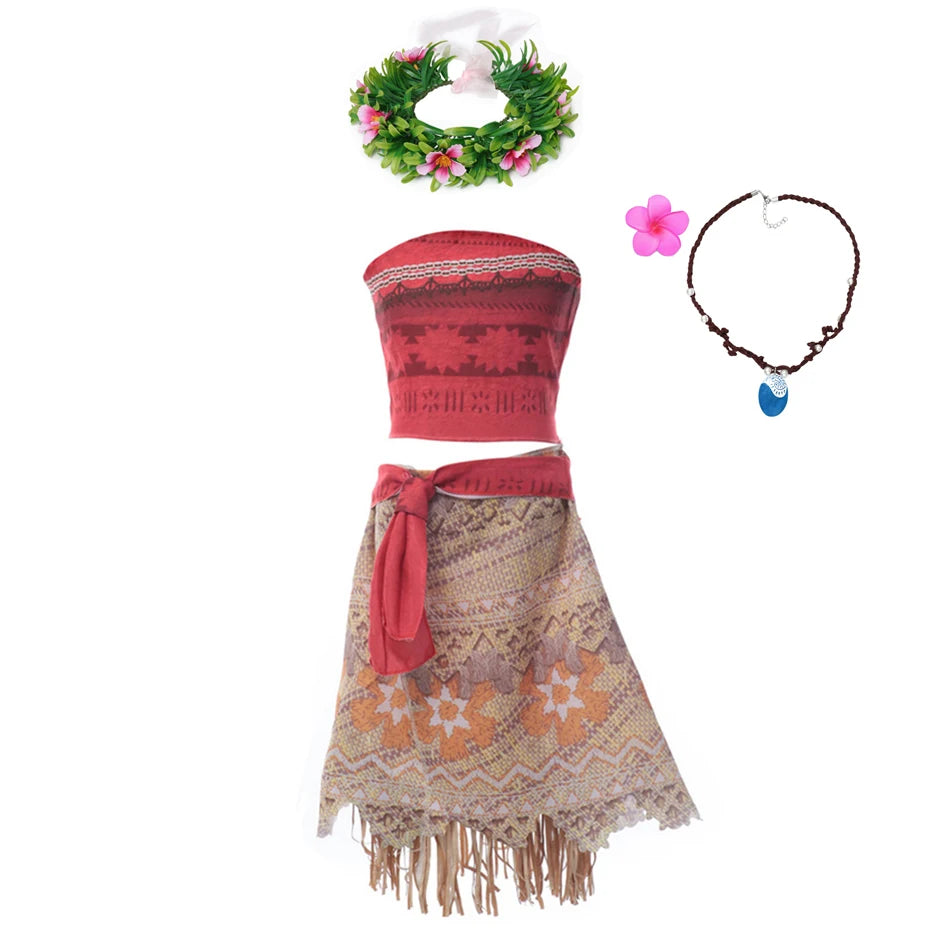 Moana Dresses Girls Kids Clothes Cosplay Vaiana Princess Dress Necklace Wig Children Carnival Party Summer Disney Costume Set-EXPROTAS