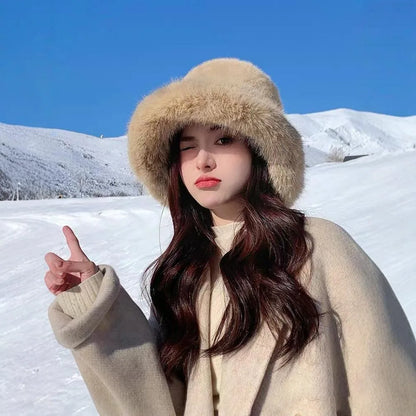 Fluffy Fur Bucket Hat Women Winter Warm Plush Fisherman Cap Thick
