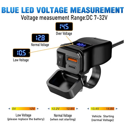 Dual USB Socket Motorcycle Charger 60W Waterproof PD QC3.0 Voltmeter Handlebar