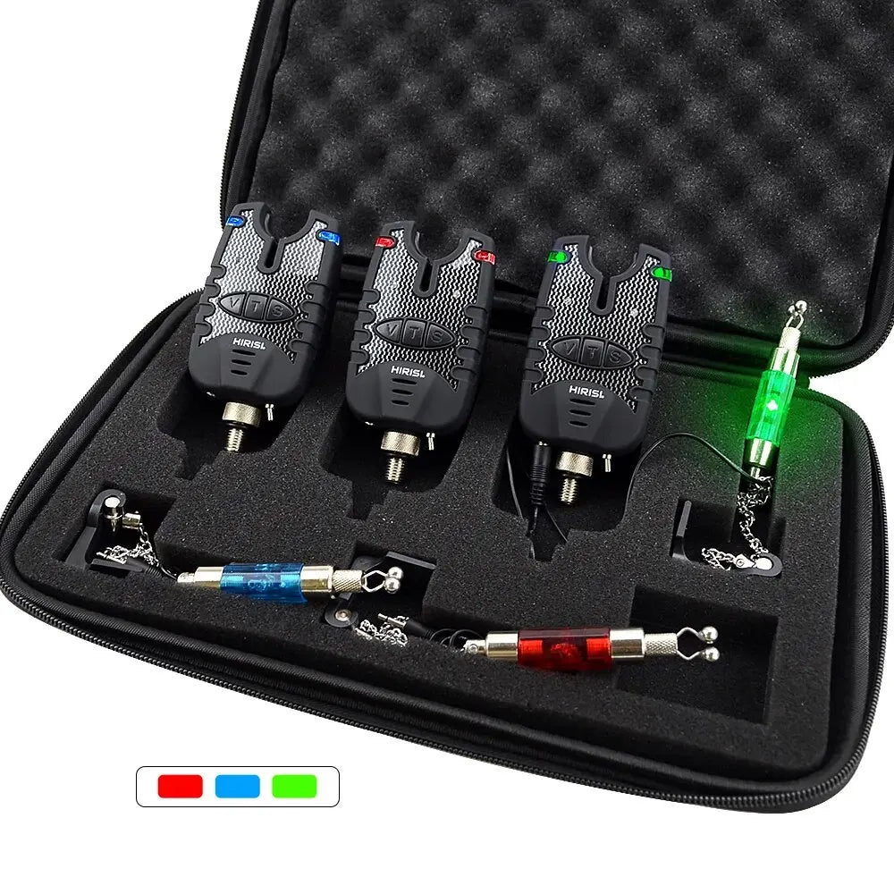 Hirisi 3 Carp Fishing Bite Alarm and Swinger Set Water Resistant Blue LED Fishing Swingers Fish Bite Indicator-EXPROTAS