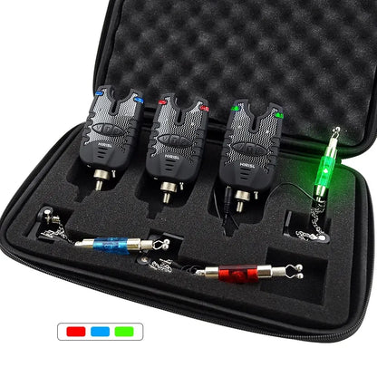 Hirisi 3 Carp Fishing Bite Alarm and Swinger Set Water Resistant Blue LED Fishing Swingers Fish Bite Indicator-EXPROTAS