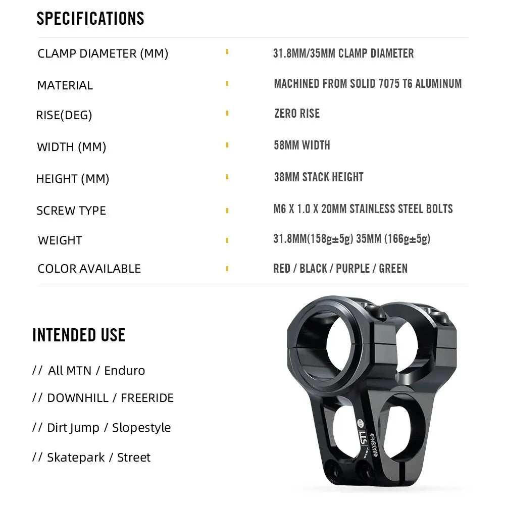 RYET MTB Bike Stem 31.8/35mm | 0° Aluminum Alloy Handlebar for Road/Downhill