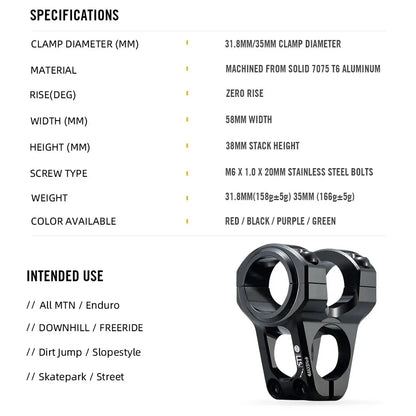 RYET MTB Bike Stem 31.8/35mm | 0° Aluminum Alloy Handlebar for Road/Downhill